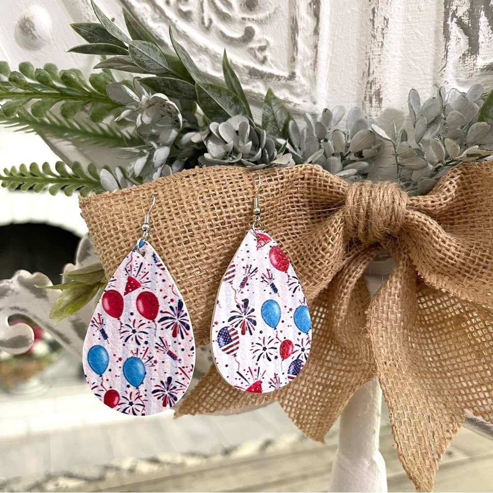 Patriotic Balloons & Fireworks Faux Leather Teardrop Dangle Earrings